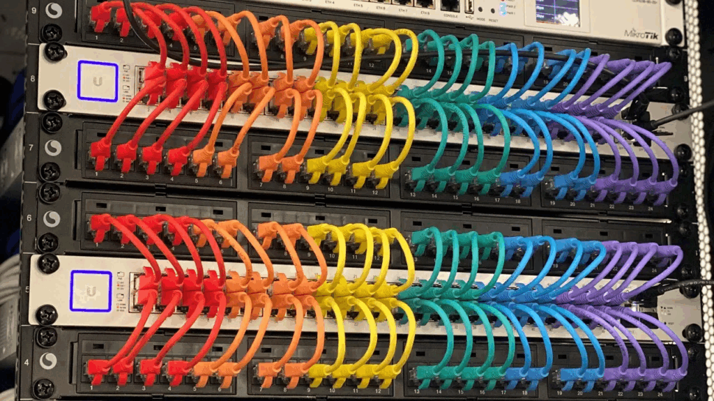 Color-coded Ethernet cables organized in a server rack for network management — Oxnard, CA.