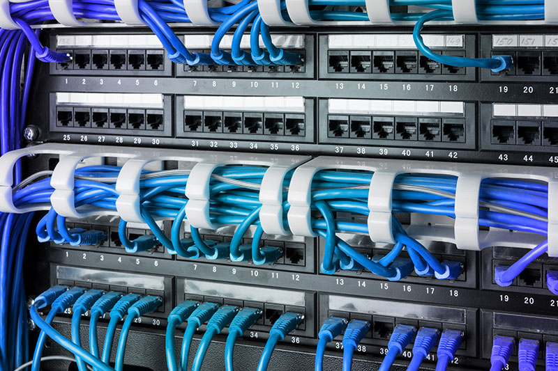 Network patch panel with organized blue Ethernet cables and structured cabling neatly managed with cable ties – professional data cabling installation in Oxnard, CA